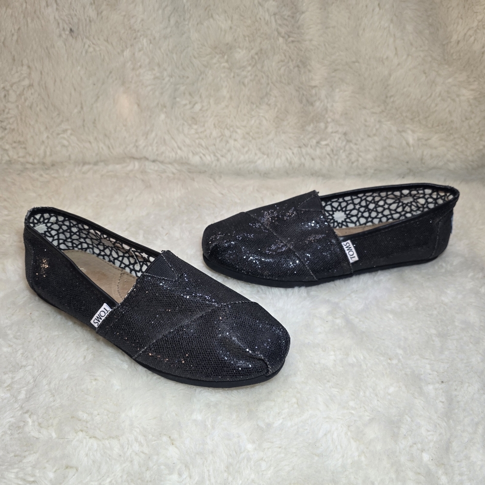 TOMS Black Glitter Classic Alpargata Slip On Flats Size 7